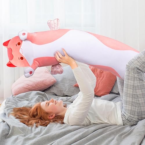 Miniatura 8 de Caaaat Peluche largo de gato rosa, animales de peluche suaves con diseño de gatito, Kawaii para niños, almohada de felpa para dormir, juguetes de