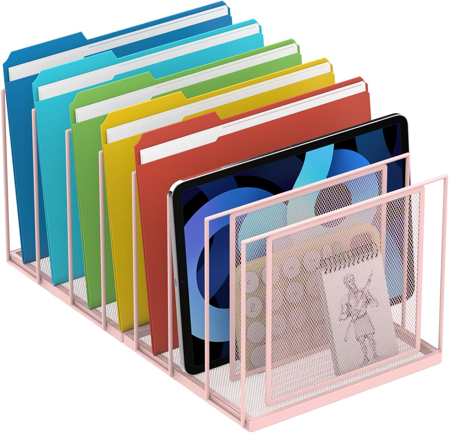 File Organizer For Desk, 7 Section Metal Desktop File Sorter, Pink