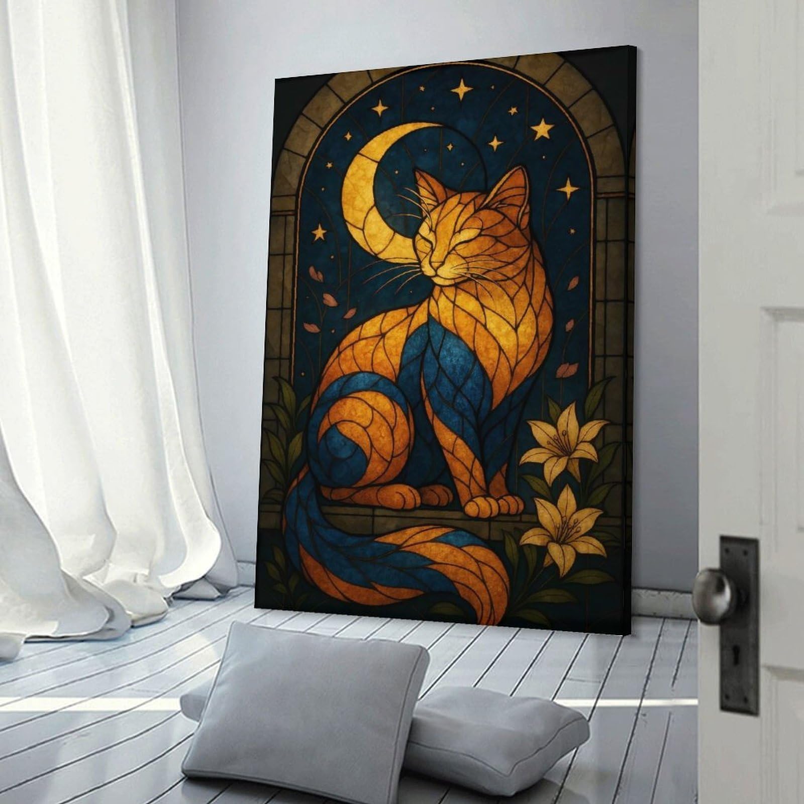 Junmoney Frame-Style-19 Stained Glass Cat And Moon Canvas Wall Art 16X24inch(40X60cm), For Office Decor, Home Working Or Creative Rooms, Wall Art That Adds Style To Work Areas