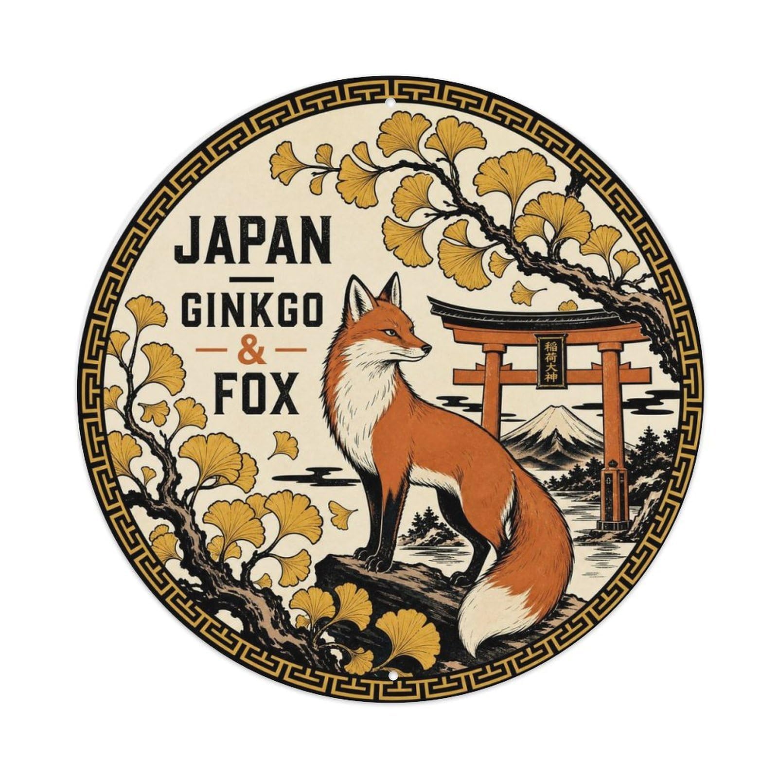 Olyhtr 8X8inch Classic Style Edo Japan Ginkgo Fox Ceramic Folk Pattern Metal Tin Sign