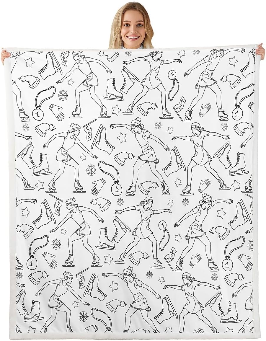 Ice Skating Girl Flannel Fleece Blanket,Figure Skate Sports Silhouette Teal Super Soft Blanket for Bed Sofa Couch,Watercolor Marbling Abstract Marble Texture Bed Blanket,Twin 60"x80"