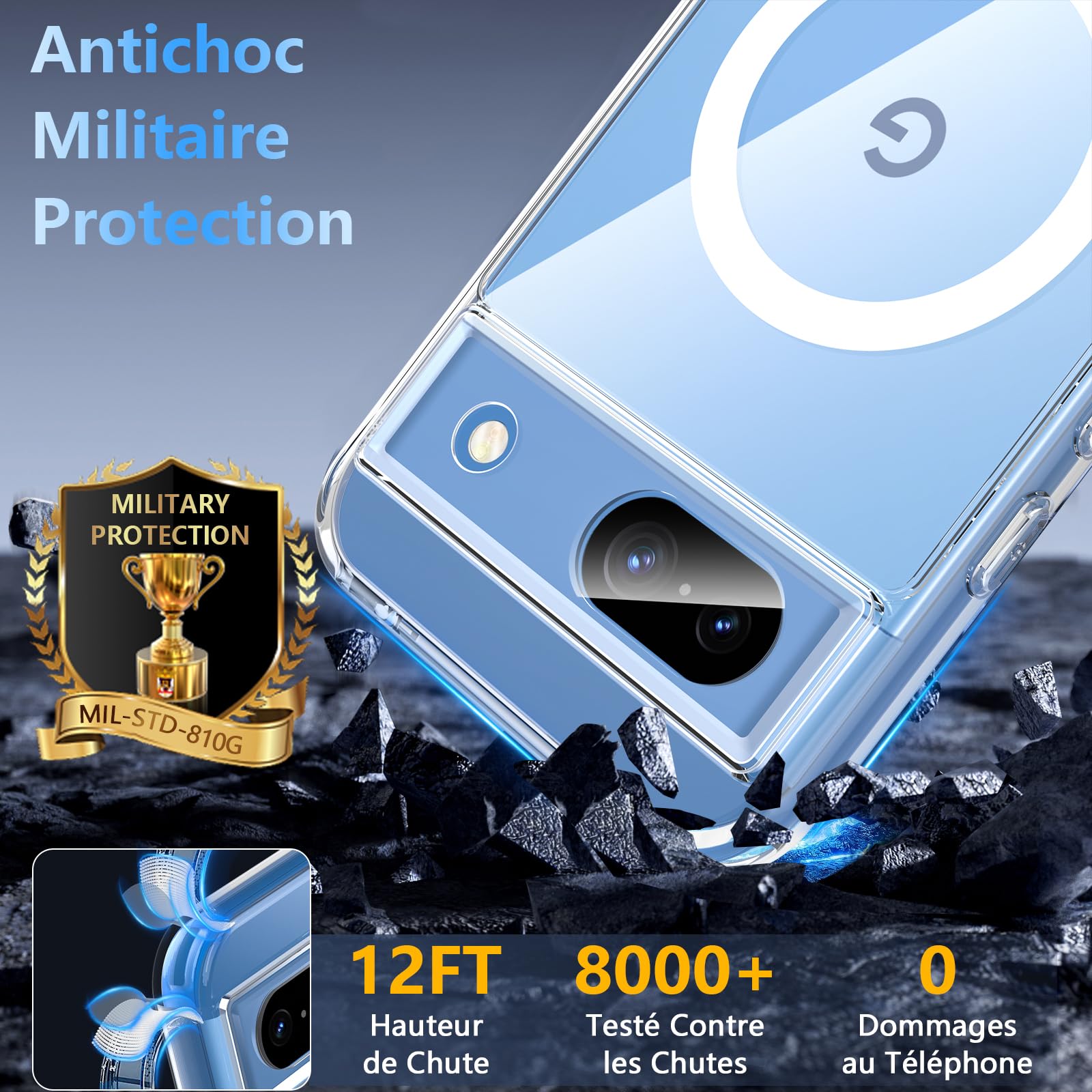 Coque OWKEY Pour Google Pixel 8a Magnétique + Verre Trempé – Protection Militaire Antichoc Transparente