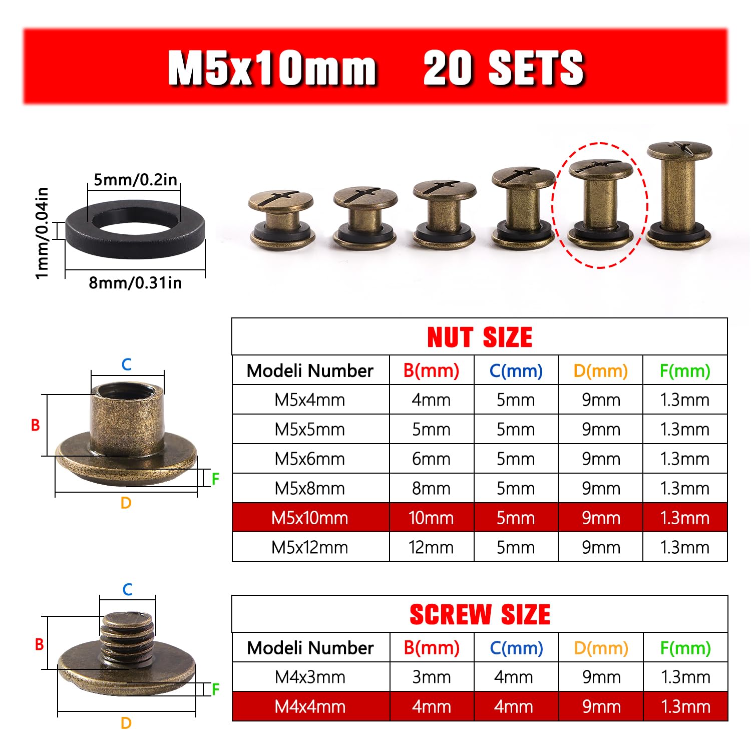 YIXISI 20 Set M5x10mm Chicago Binding Screws Kit, Book Binding Rivets, Leather Rivets, Binding Screws Posts - Image 2