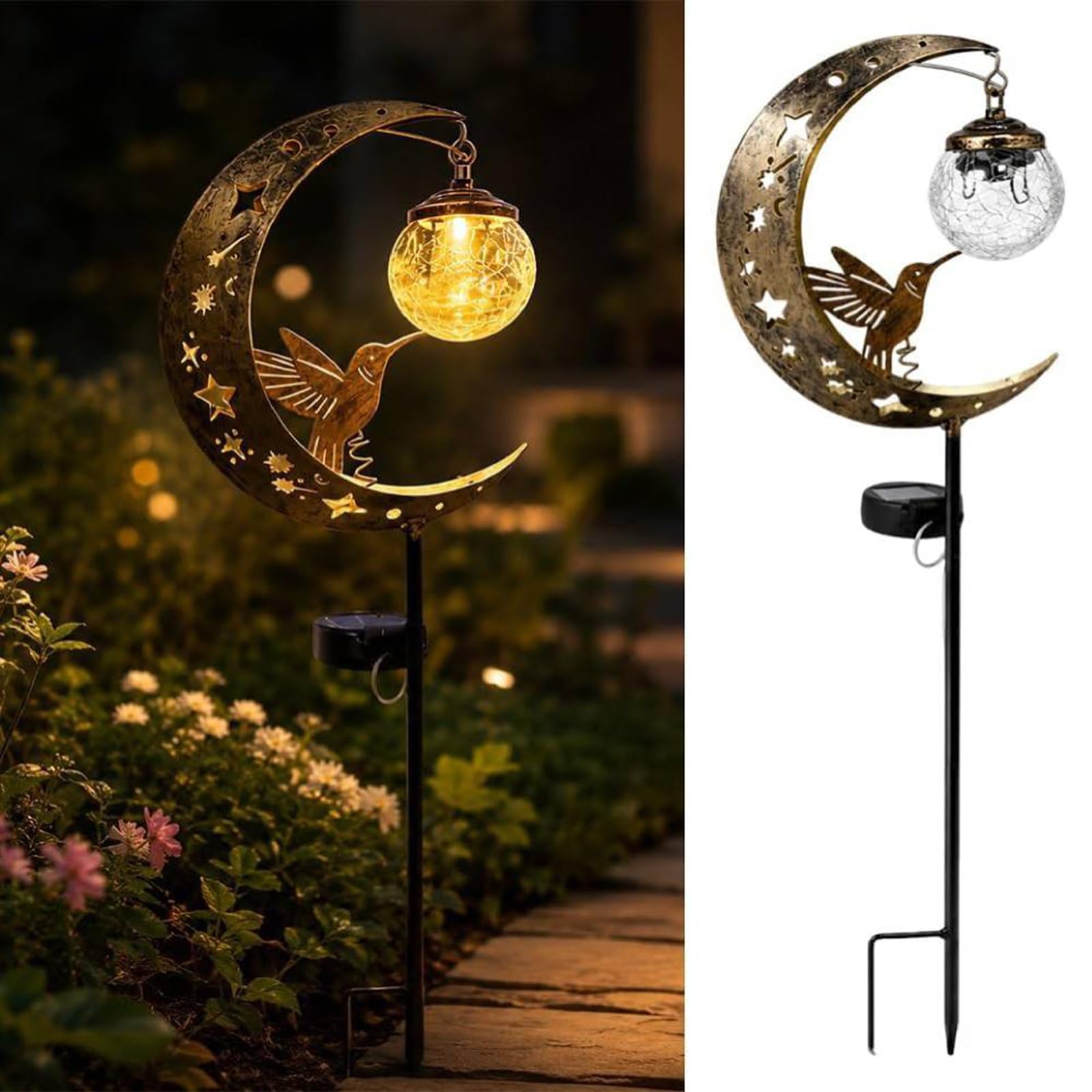 Hummingbird Moon Solar Garden Stake Light - 85cm Half Moon Solar Hummingbird Lights Outdoor Decorations, Waterproof Metal Led Light Garden Decor For Outside Patio Backyard Lawn Pathway