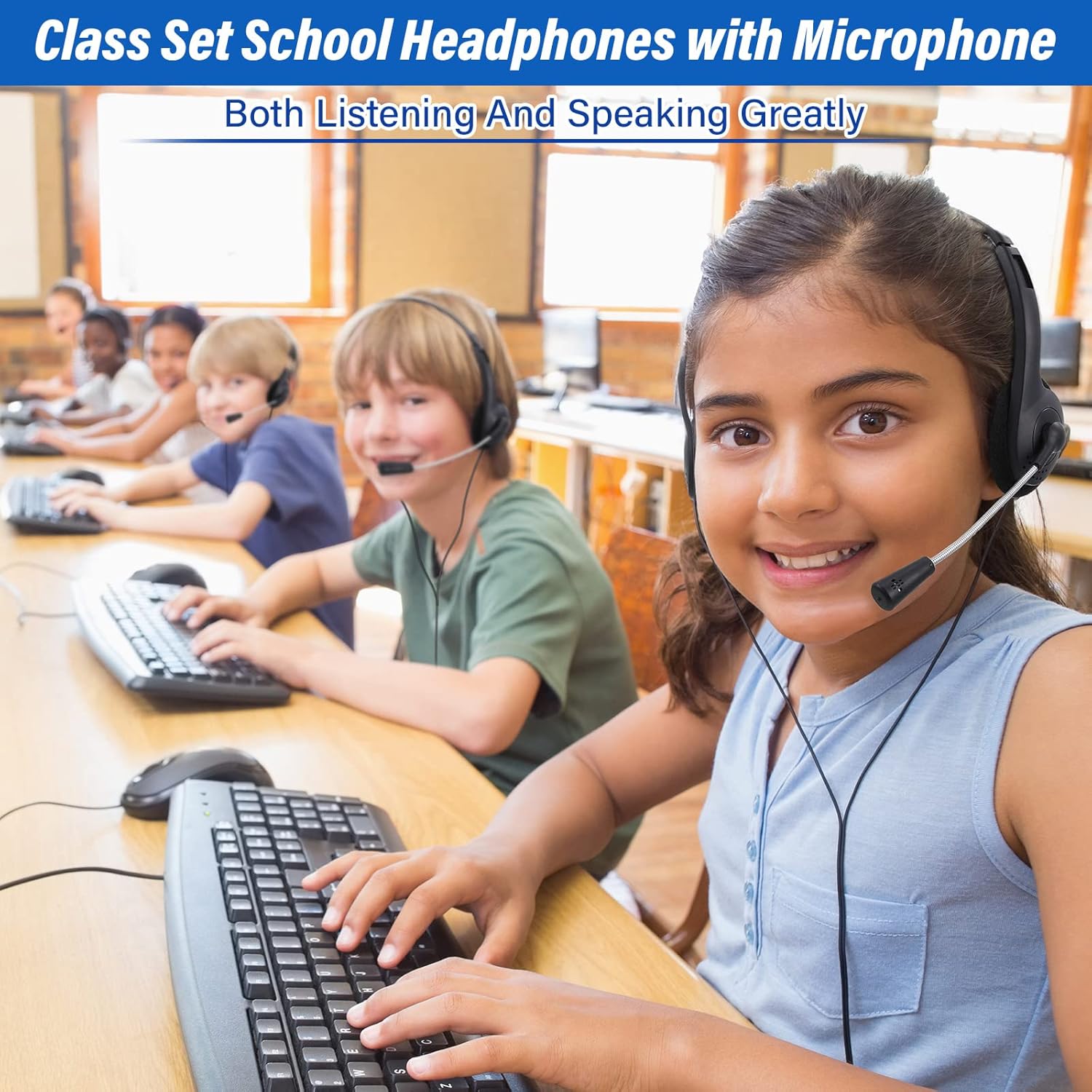 Yunsailing 30 Pack Classroom Headphones with Microphone Headphones Bulk Class Set Lightweight Adjustable Earphones on Ear with 3.5 mm Jack(Black,Metal Stem)