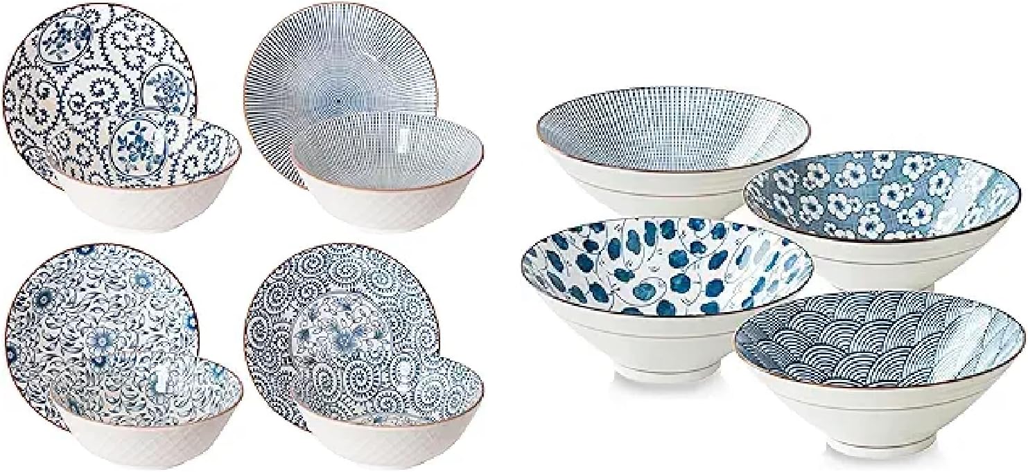 Ceramic 40 Oz Ramen Bowls Set of 4, 8 Inch Soup Bowls for Pho, Noodle, Salad, Pasta, Cereal, Udon, Soba, Japanese Style, Microwave and Dishwasher Safe, Blue and White