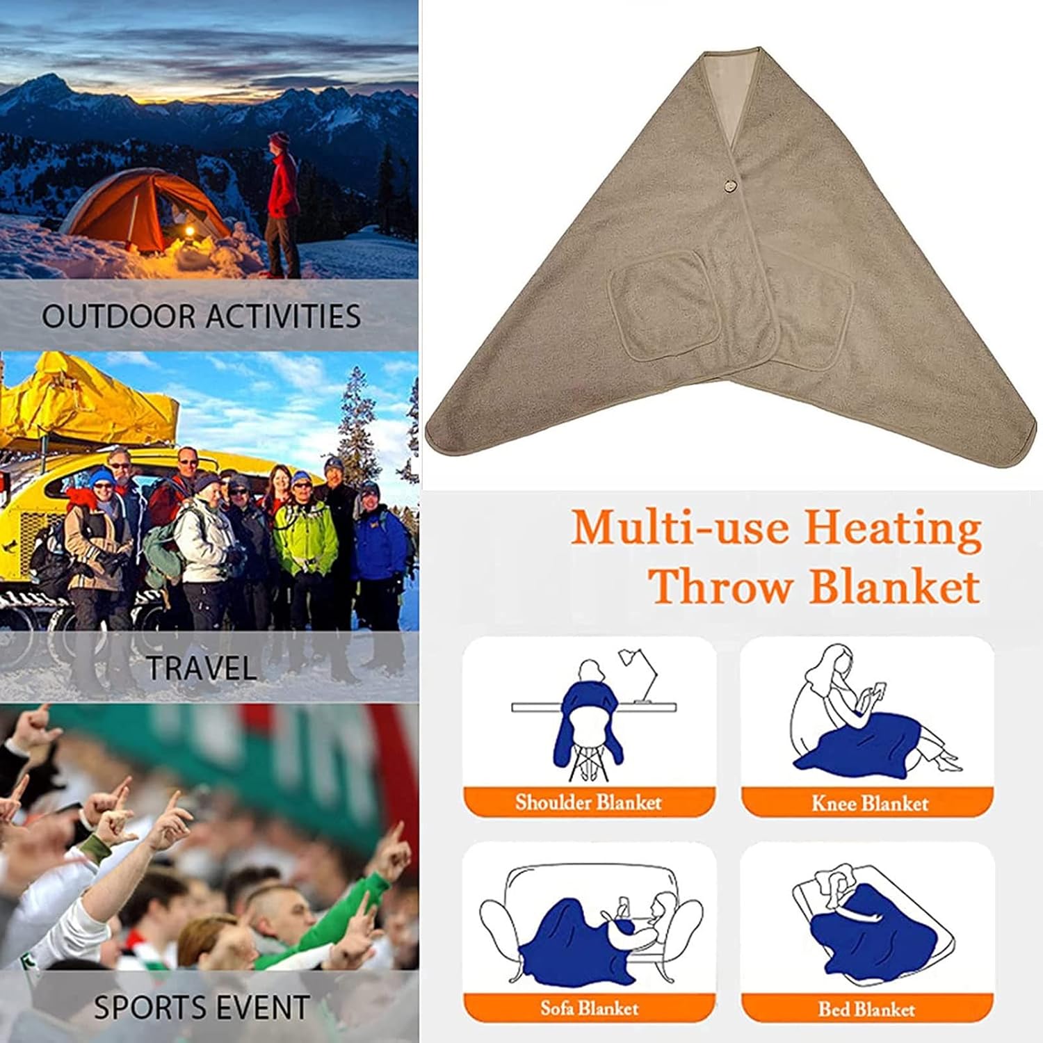 Electric Blanket, Heated Blanket USB Electric Heating Shawl, Portable Thermal Electric Blanket with Pockets, Wearable Multifunctional Car Heated Blanket