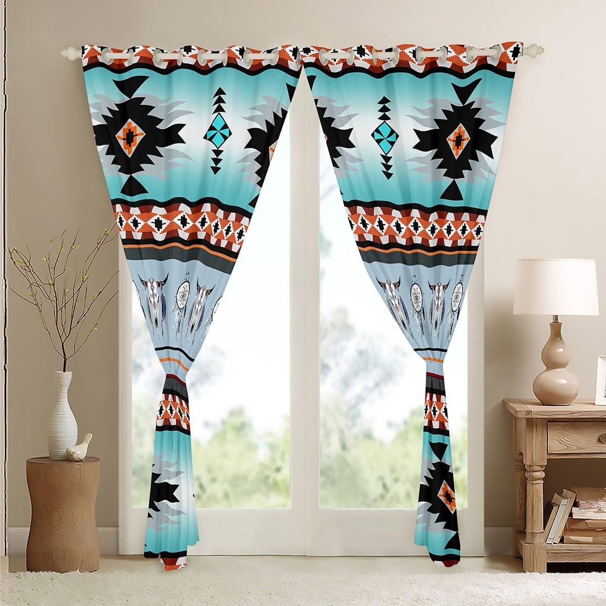 Western Curtains 84"X63",Southwestern Curtains & Drapes Exotic Bull Skull Blackout Curtains for Kids Child,Dream Catchers Aztec Window Treatments Tribe Feather Western Animals Boho Decor Red Black