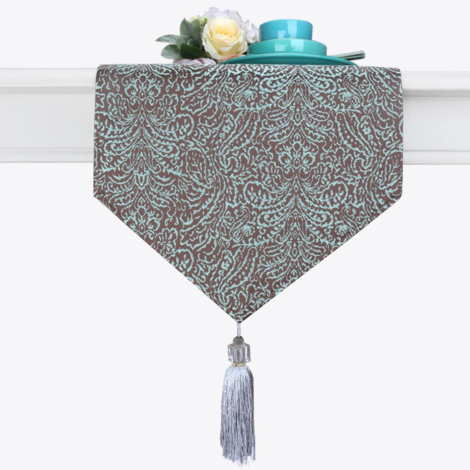Chemin de table vintage en jacquard de mariage vert coton polyester infroissable