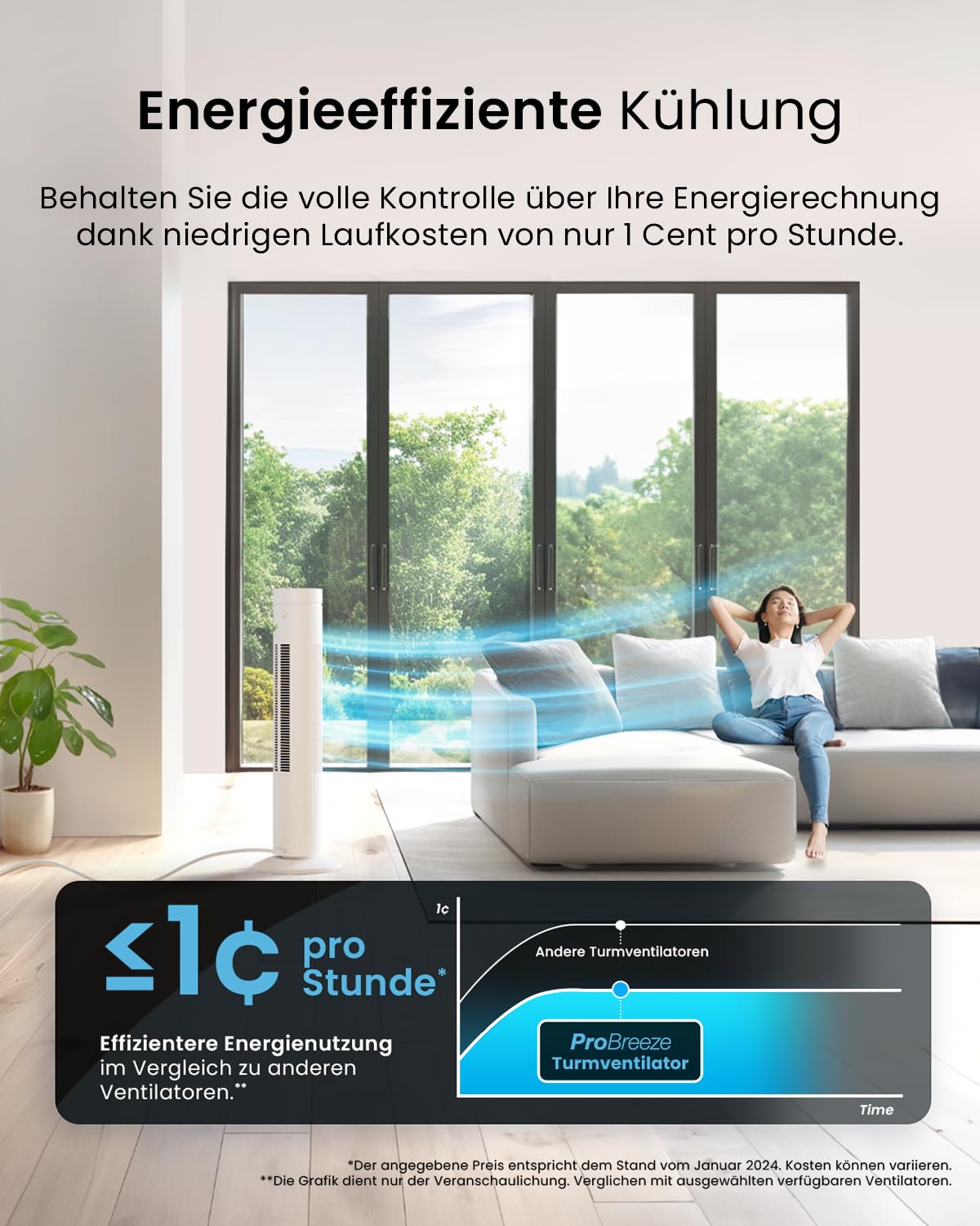 Pro Breeze Turmventilator mit Fernbedienung, 76cm Höhe - Ventilator 65° Oszillation, Timer, 3 Geschwindigkeiten – Leistungsstarker & energieeffizienter Ventilator leise für Schlafzimmer und Büro