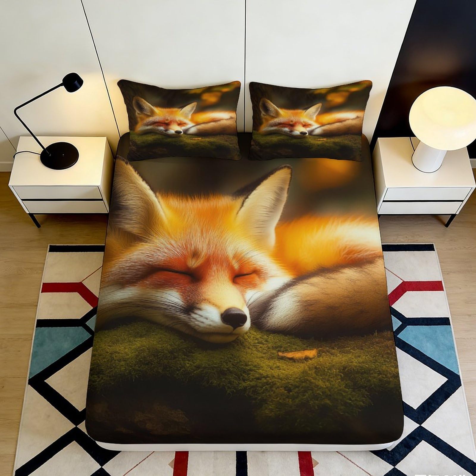 3D Printed Sleeping Fox Fitted Sheet Microfiber Soft Durable 3D Printed Resting Fox Mattress Cover for Bedroom Dormitory Guest Room Protection 160x200x25cm