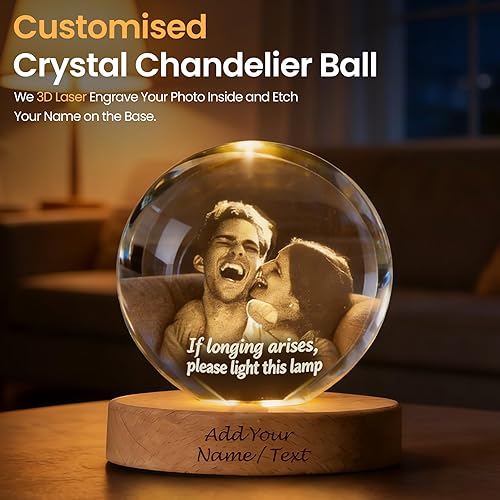 Miniatura 3 de Luz nocturna de bola de cristal personalizada con foto 3D, lámpara de imagen grabada personalizada con base de madera para parejas, familia y