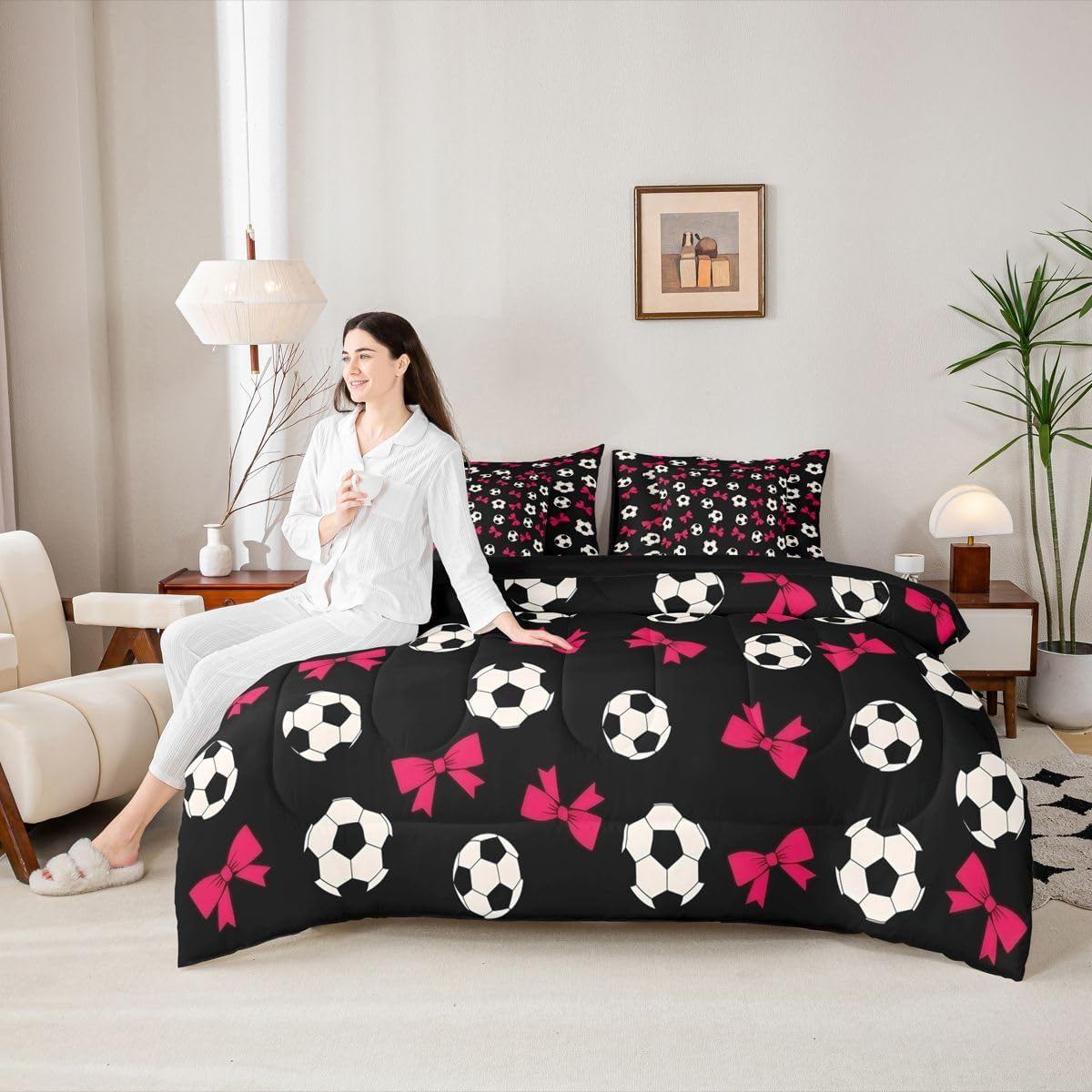 Soccer Sport 7pcs Comforter Set King Size,Light Pink Bowknot Football Bedding Set for All Season,Watercolor Bed in A Bag with Comforter,Sheets and Pillowcases,Trendy Kids Boys Girls Room Decor