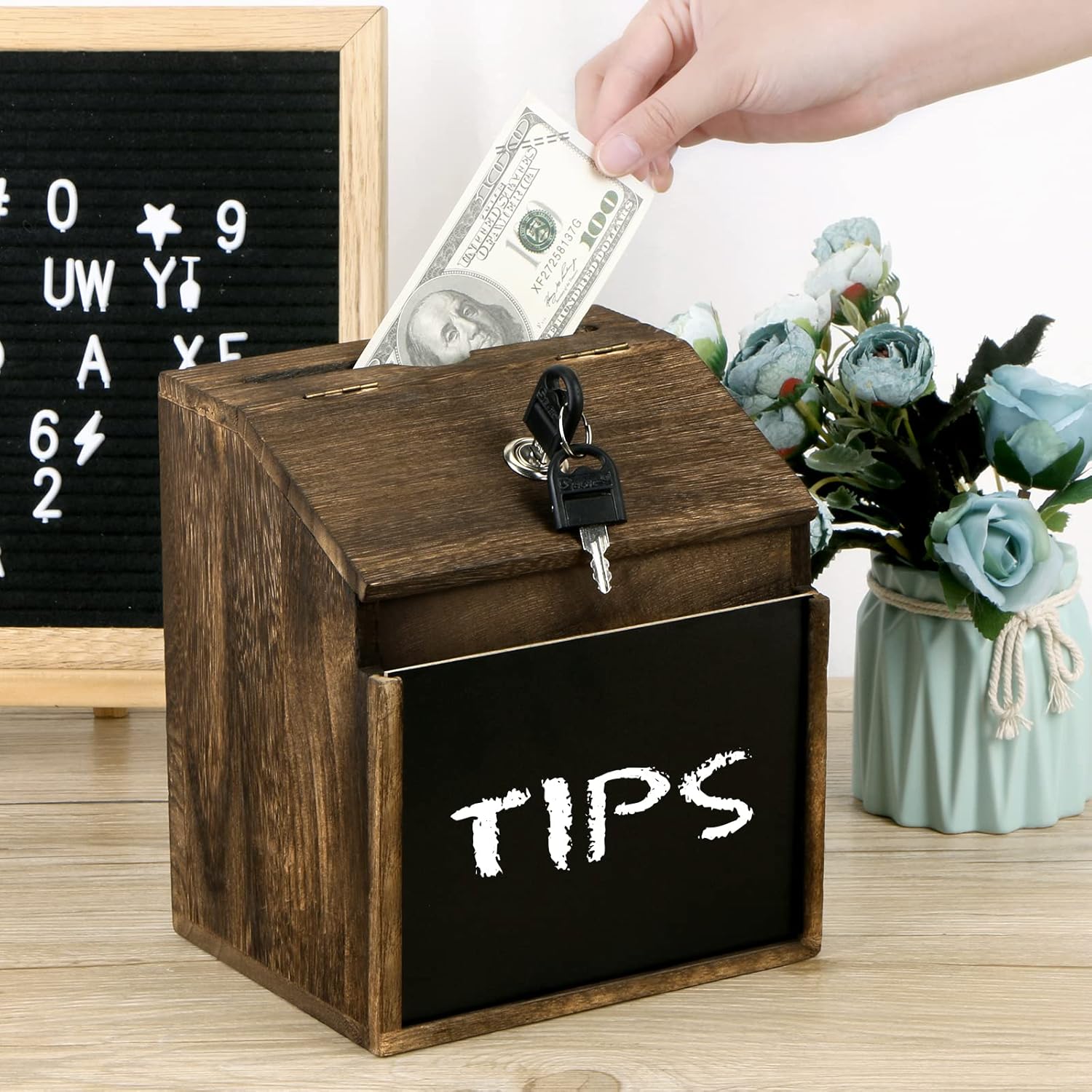 Wood Suggestion Box with Lock - 6 Chalkboard, 100 Suggestion Cards, Tip Jar, Wall Mountable Donation Box, 8x7x6Inches