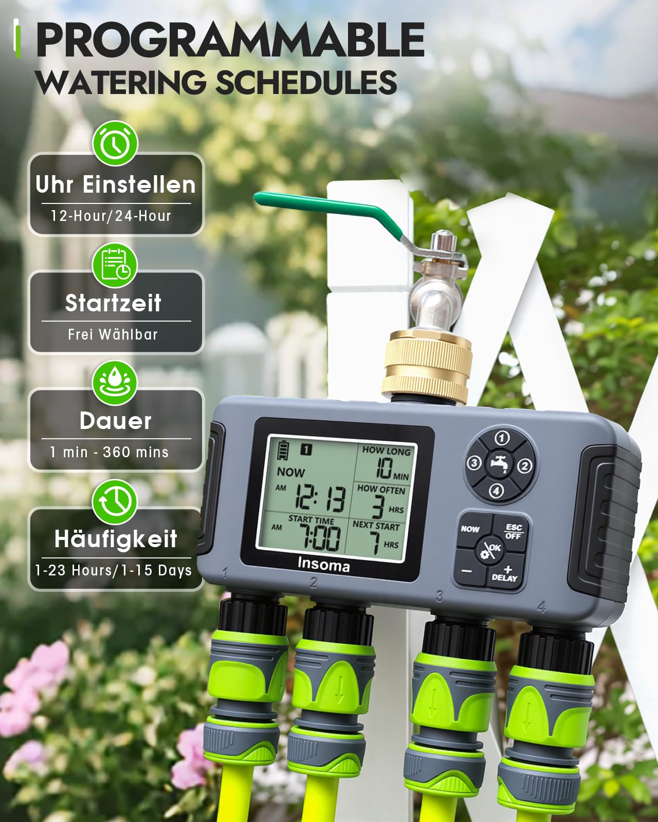 Insoma Timer dell'acqua a 4 zone con ingresso in ottone, timer automatico per tubo da giardino con ritardo manuale/pioggia e grande display, timer per rubinetto impermeabile IPX5 per sistema di