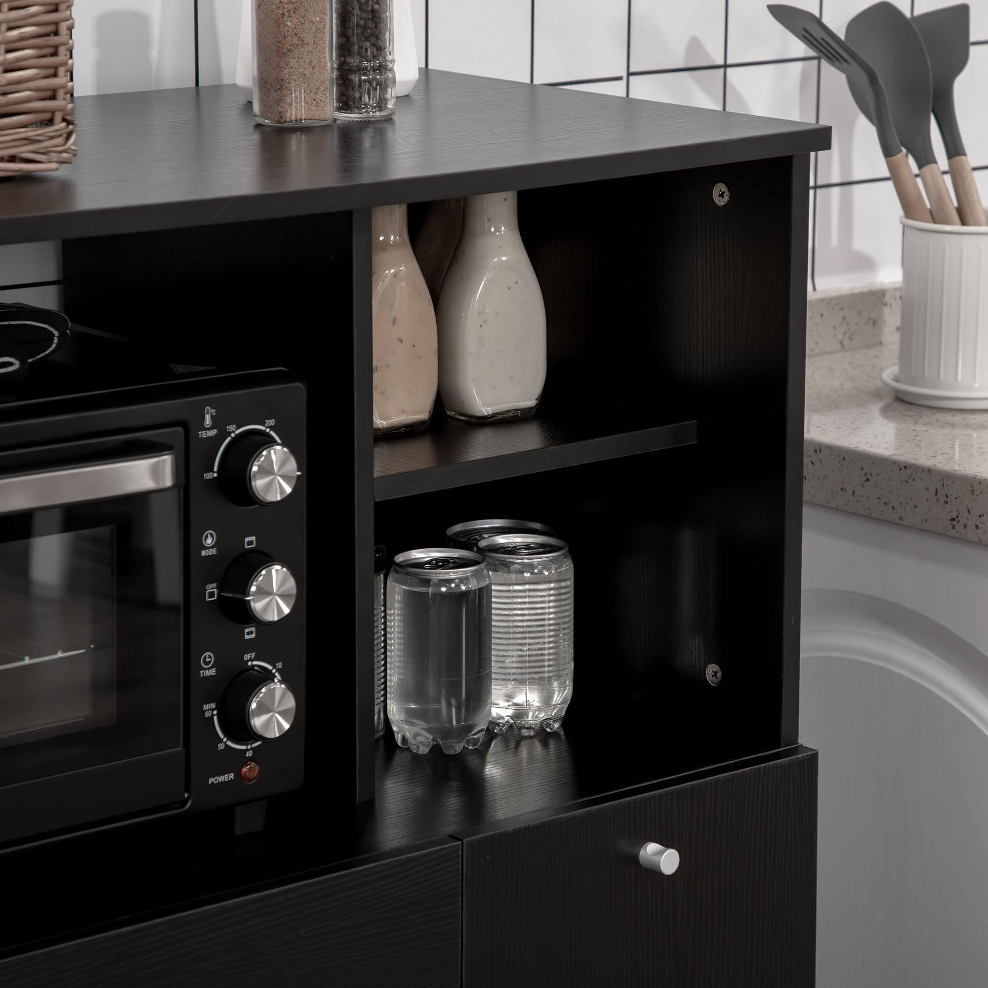 HOMCOM Meuble de Micro-Onde Buffet 2 Placards 90L x 40l x 120H cm Noir | Armoire Cuisine, Meuble de Rangement Multi-Rangements, 4 Niches, Tiroir Coulissant, en Bois