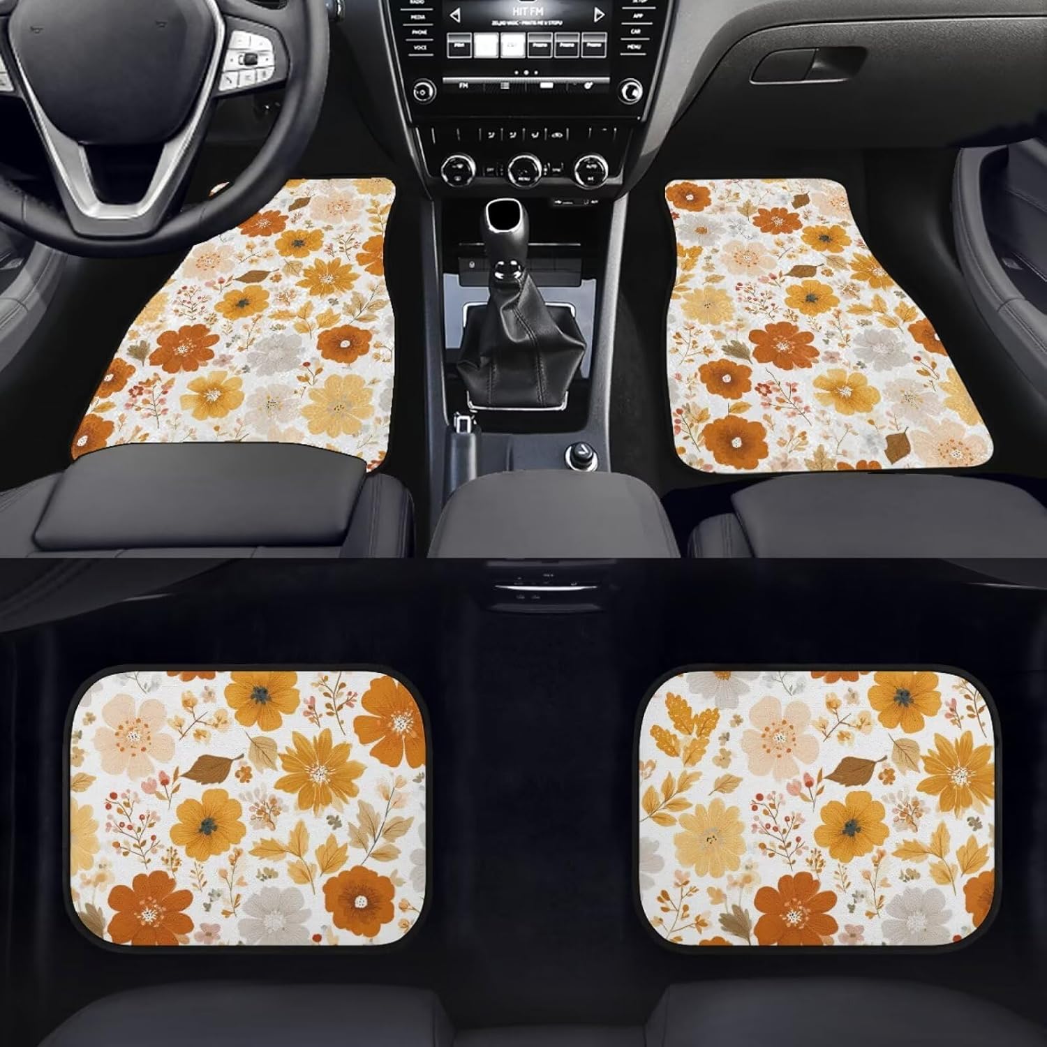 Hippie Flower Print Front Rear 4 Piece Set Vehicle Decor Mat Non-Slip Car Interior Rugs with Non Slip Rubber Backing Washable Automotive Interior Mat