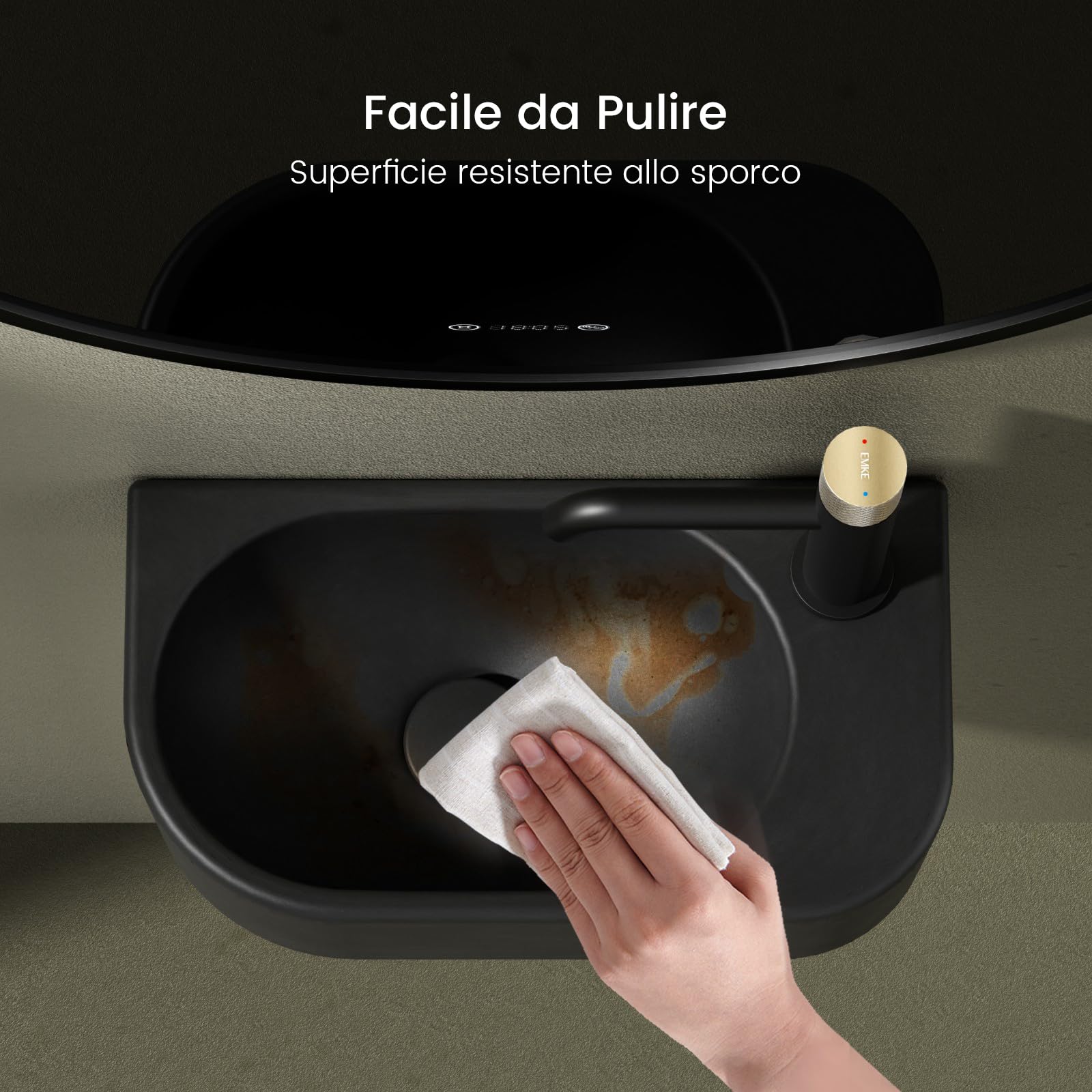 EMKE Lavamano Sospeso 40 x 21,5 x 12 cm, Lavandino Nero Opaco Rettangolare per Bagno Piccolo e WC, Mini Lavabo a Parete con Rubinetto a Destra - Senza Rubinetto e Piletta