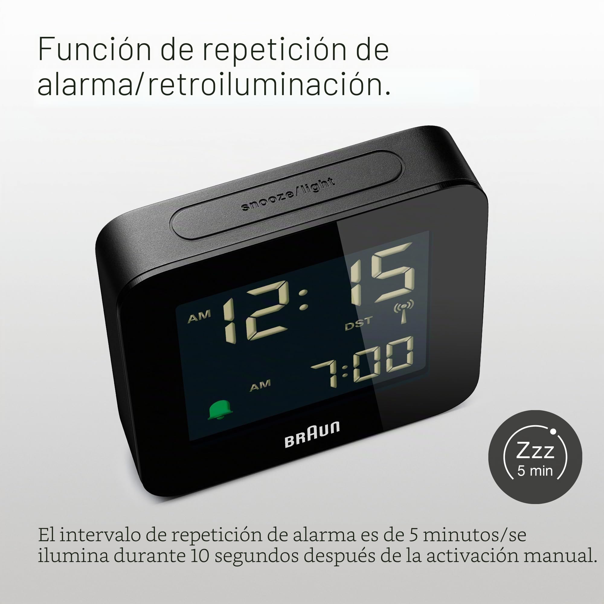 Braun Reloj Despertador de Viaje controlado por Radio Zona con Hora Central Europea (DCF) con función repetición, configuración rápida, Alarma por pitido en Crescendo en Negro, BC09B-DCF.