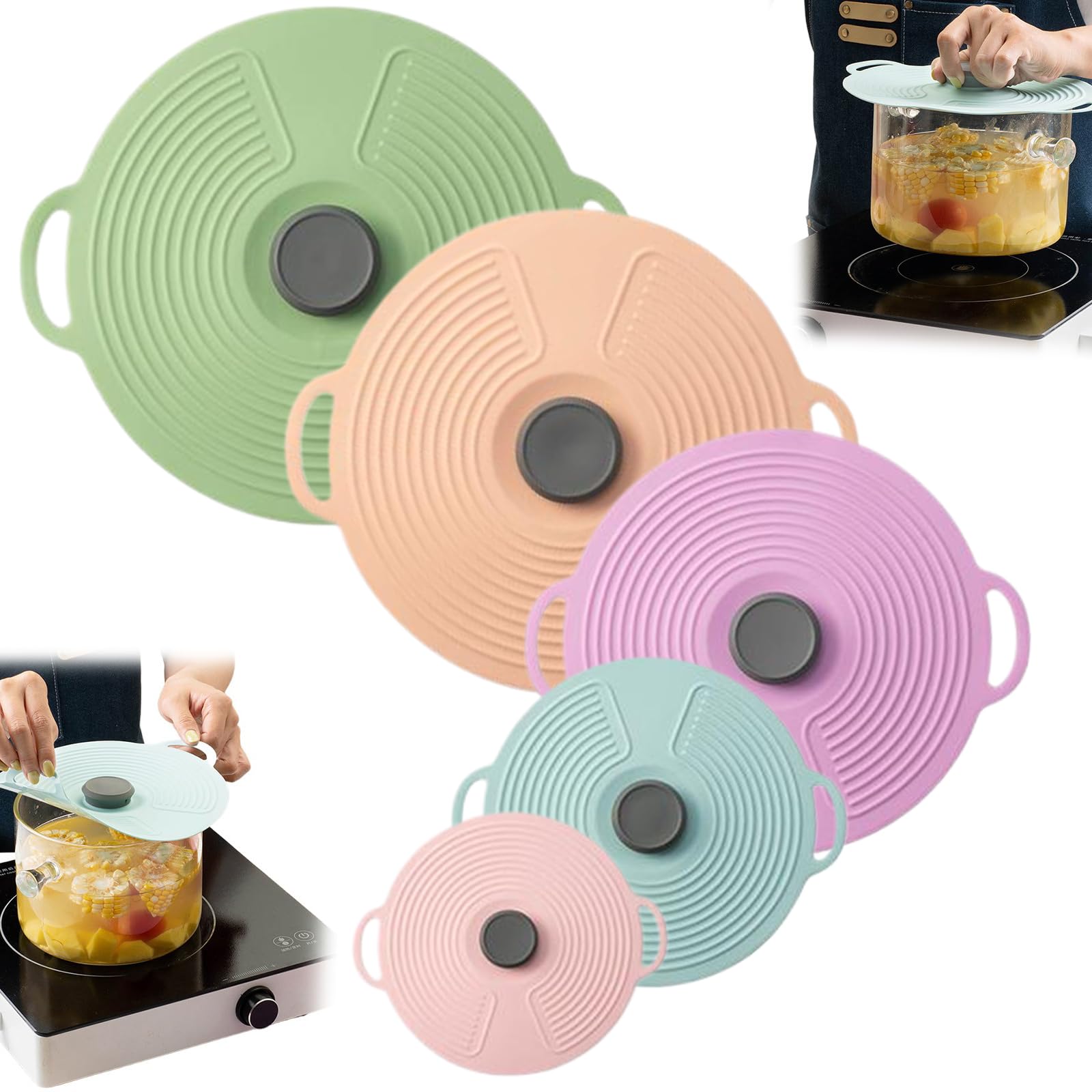 CAKEEYUM 5Pcs Silicone Lids for Pots & Pans 12.4/9.1/7.9 Inch Reusable Suction Seal Covers with Handle for Bowls Pots Cups Food Storage