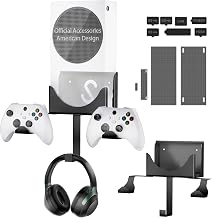 Kit de montaje en pared con 2 soportes desmontables para controladores y 1 colgador de auriculares y tapones de polvo, soporte de pared de metal compatible con Xbox Series S, color negro