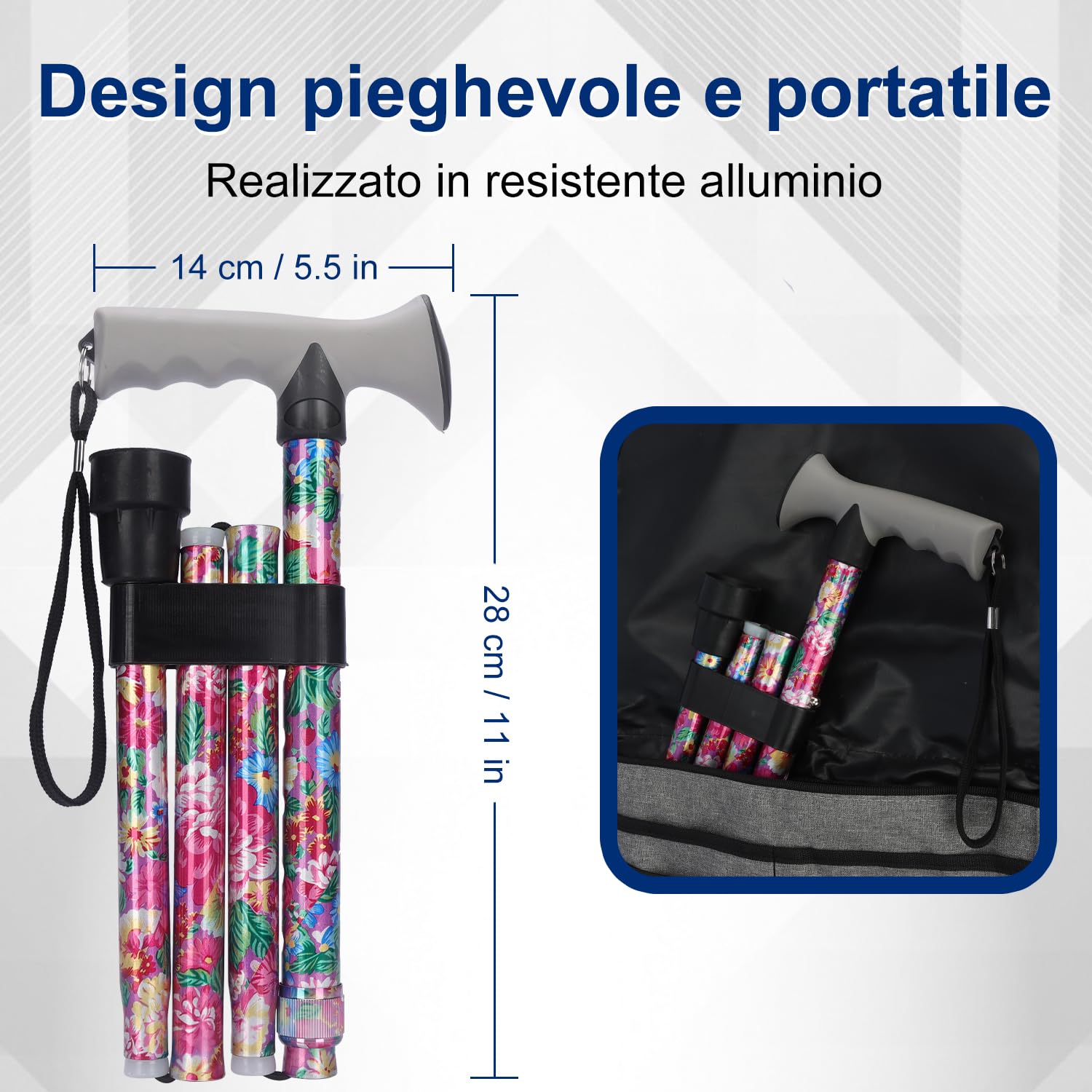 supregear Bastone da Passeggio Pieghevole, Altezza Regolabile, Leggero e Portatile con Impugnatura Morbida, Ausilio per Camminare per Anziani, Disabili, Uomo Donna