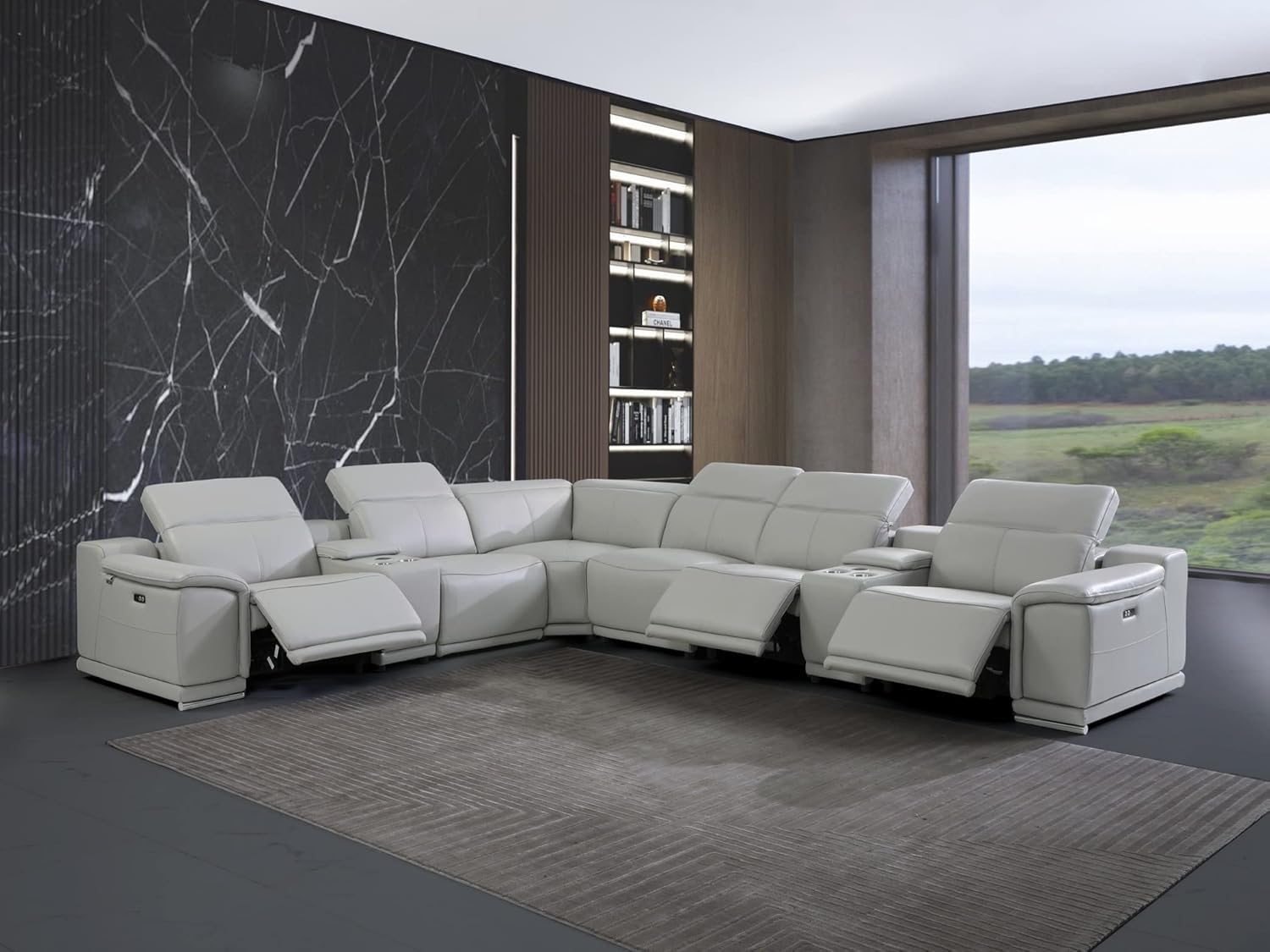 Blackjack Furniture Venice 8 Piece Top Grain Italian Leather Sectional Sofa with 3-Power Recliners, Adjustable Headrest, Lumbar Support, USB &amp; Wireless Charger, Large Storage, 2 Consoles, Light Gray