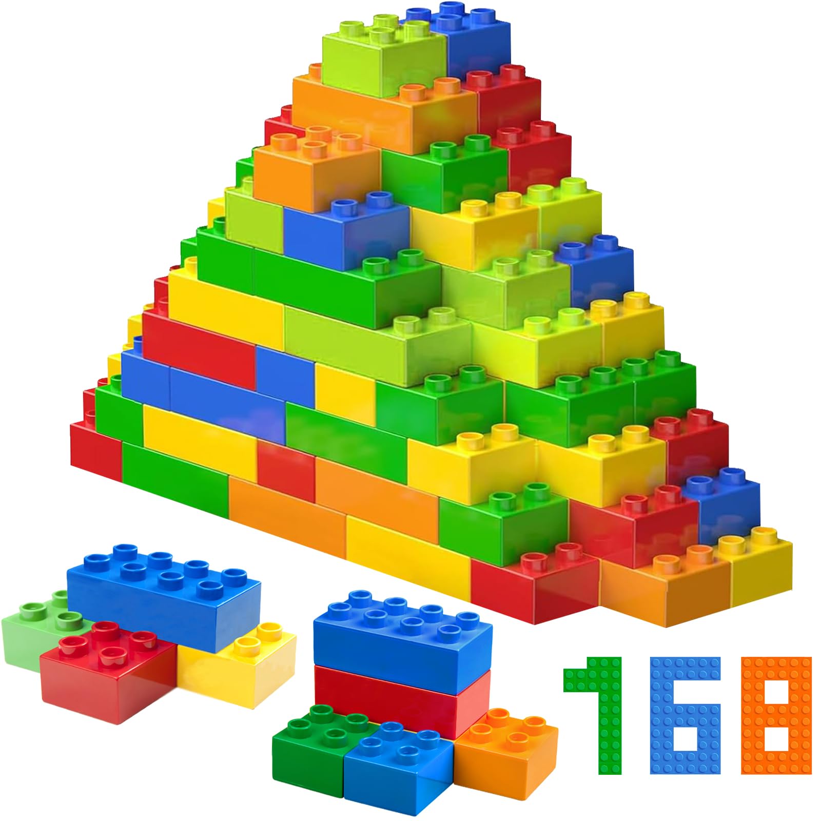 Grand jeu de construction, 60/108 pièces de briques en 6 couleurs et 2 dimensions, compatible avec Duplo et toutes les grandes marques, jouet idéal pour les enfants de 3 ans et plus. (168PCS) | Compatible avec Duplo et toutes les marques leaders, jouet id