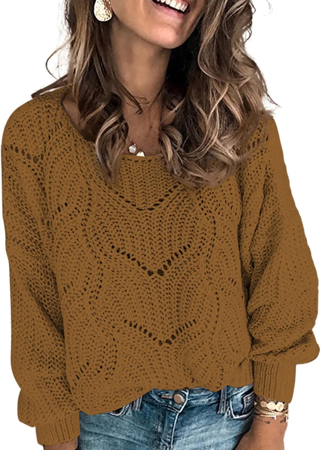 Dokotoo Womens Sweaters 2025 Crewneck Cute Elegant Soft Long Sleeve Hollow Cable Knit Pullover Tops