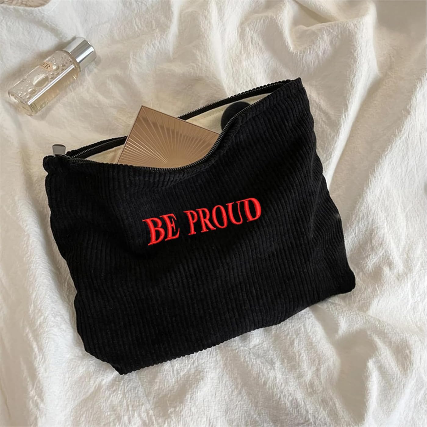 Personalised Corduroy Makeup Bag-Zippered Cosmetic Bag For Women Custom Embroidered Makeuo Pouch Organizer Gift for Her (3, Black)