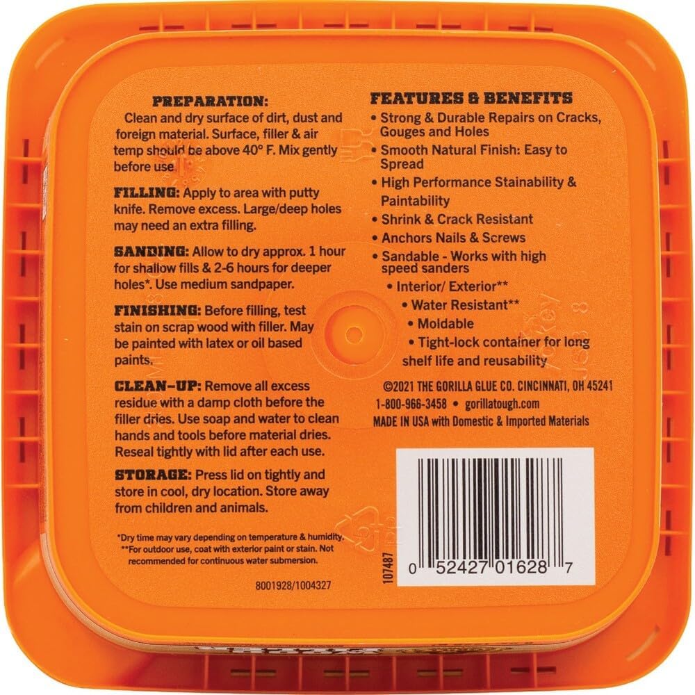 Gorilla 107084 All Purpose Wood Filler, 8-oz. Tub - Quantity 1