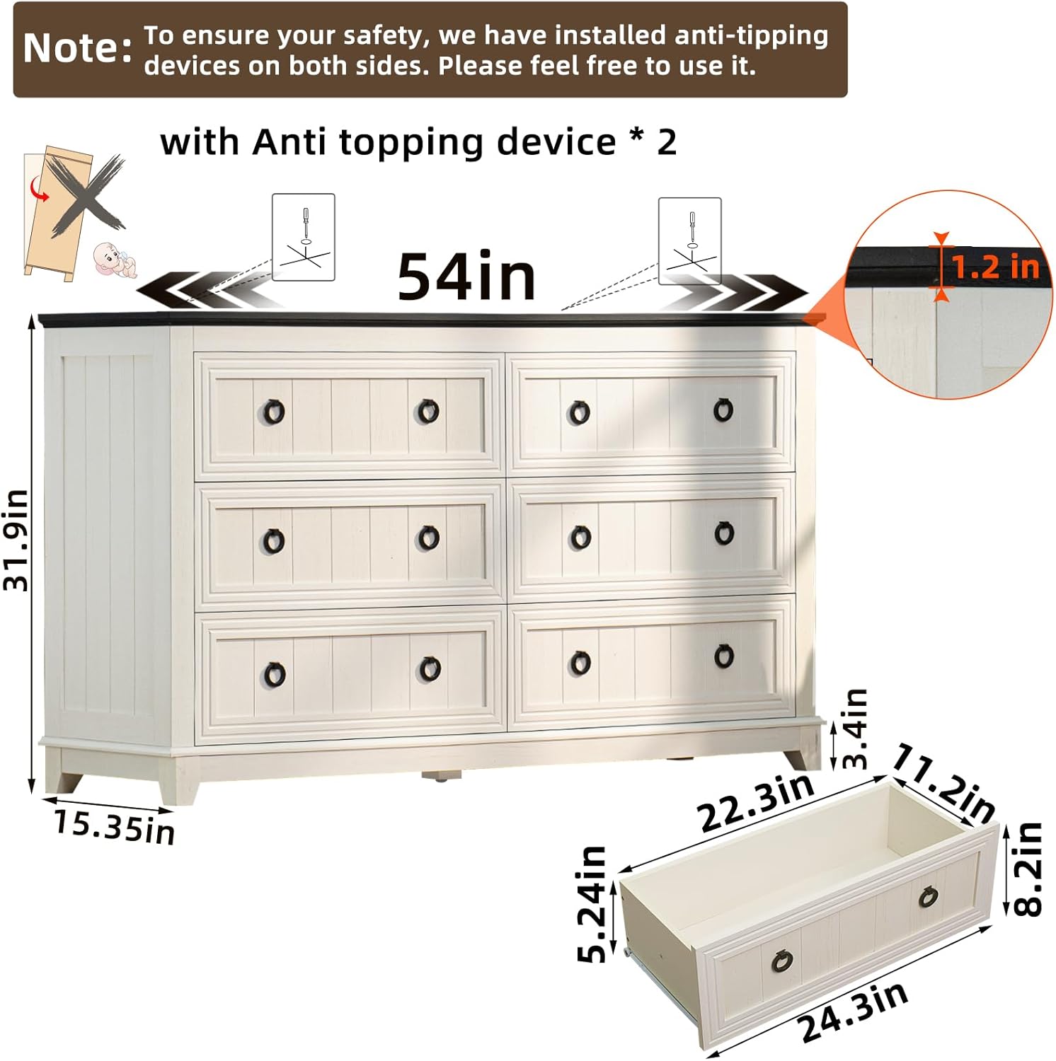 Farmhouse Dresser and Nightstand Set - 3 Piece, 54" Wide Dresser and 18" Nightstand Set for Bedroom, Living Room, Hallway