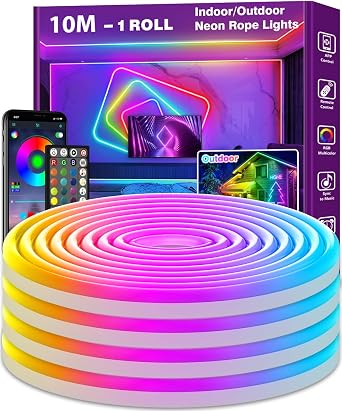 NUERPO 10M Led Neon Strip Lights,Flexible Led Rope Lights,IP65 Outdoor RGB Neon String Lighting,Control with App/Remote,Multiple Modes,Music Sync Gaming Strip Light for Bedroom Indoor [Energy Class A]
