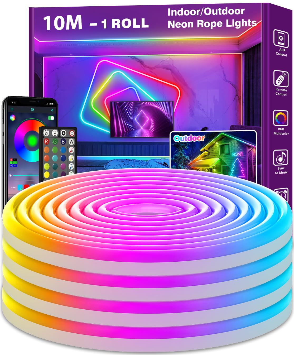 Nuerpo Rgb 10M Led Neon Strip Lights,Flexible Led Rope Lights,Ip65 Outdoor Neon String Lighting,Control With App/Remote,Multiple Modes,Music Sync Gaming Strip Light For Bedroom Indoor