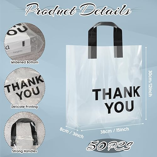 Miniatura 2 de Paquete de 50 bolsas transparentes de agradecimiento para mercancía con asas, bolsas de plástico reutilizables a granel de 12 x 15 x 3 pulgadas,