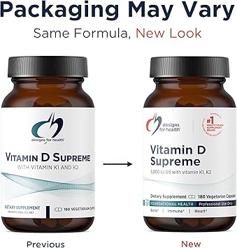 Designs for Health Vitamin D Supreme - Vitamin D 5000 IU with 2000mcg Vitamin K as MK4 for Bone Health, Heart Health, Mood & Immune Support - Vitamin D3 Enhanced with GG Supplement (180 Capsules)