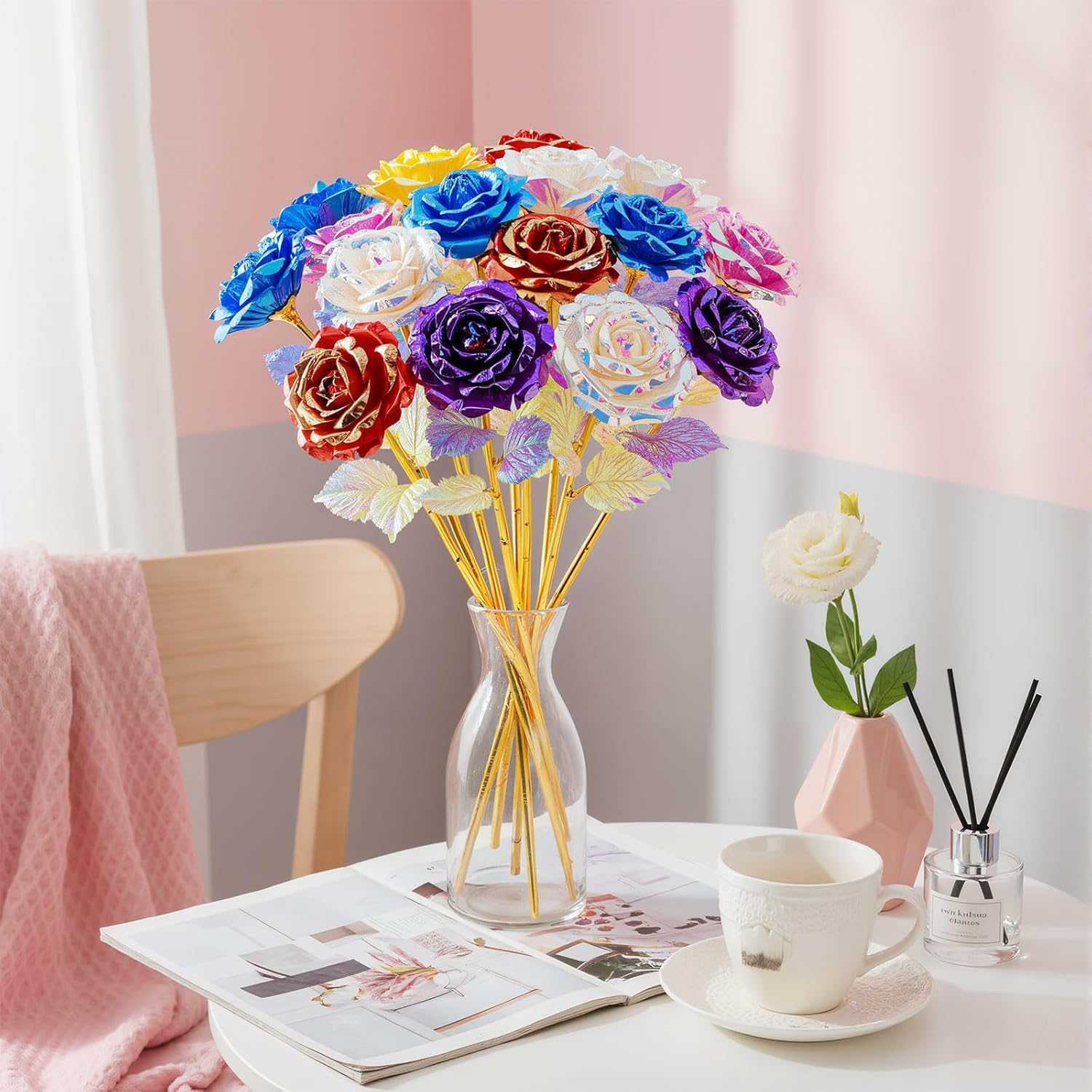 Lyrow 48 Pcs Galaxy Rose Floral Flowers with Stems Gift for Her Forever Preserved 24k Fake Crystal Rose for Birthday Wedding Decor, 10'' (Multicolor)