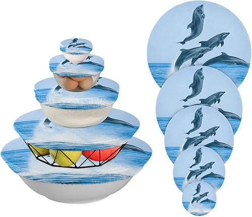 Miniatura 1 de Sea Dolphins - 5 tapas elásticas de tela reutilizables para tazones, tazas, platos, ollas y sartenes