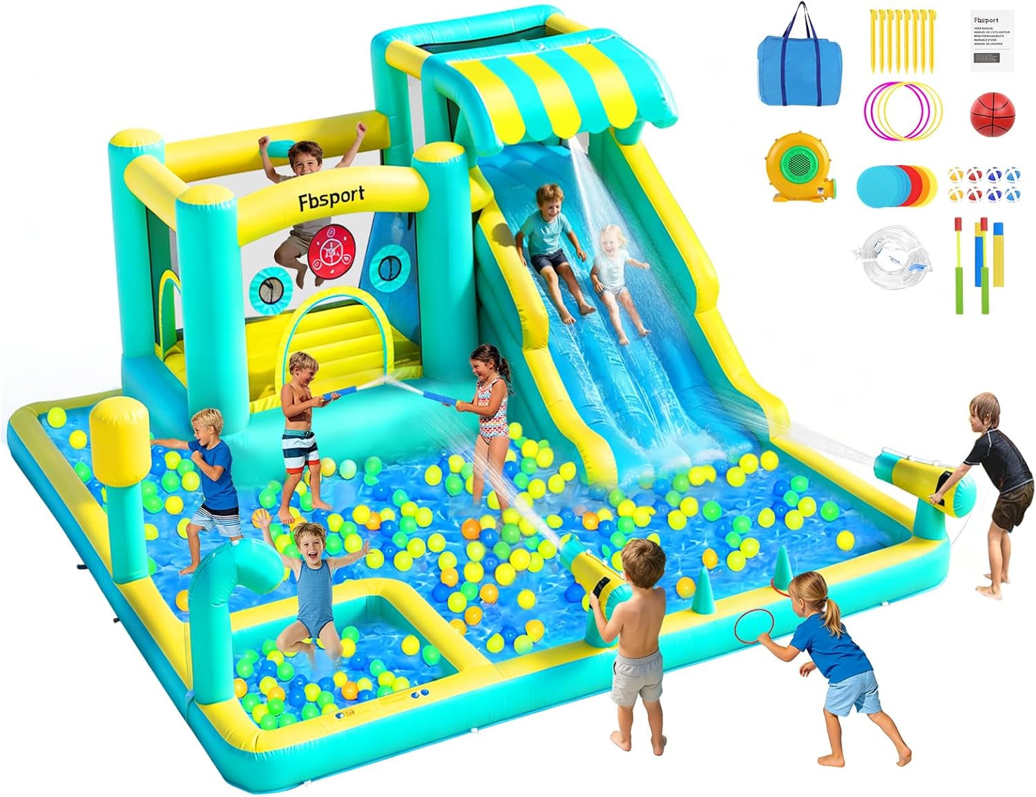 FBSPORT Inflatable Bounce House Water Slide, Widen Water Slide Park 10-in-1 Bounce House with 480W Blower, Jumping, Climbing, Splash Pool, Bouncy Castle for Kids 3-10 Backyard Party Outdoor Indoor