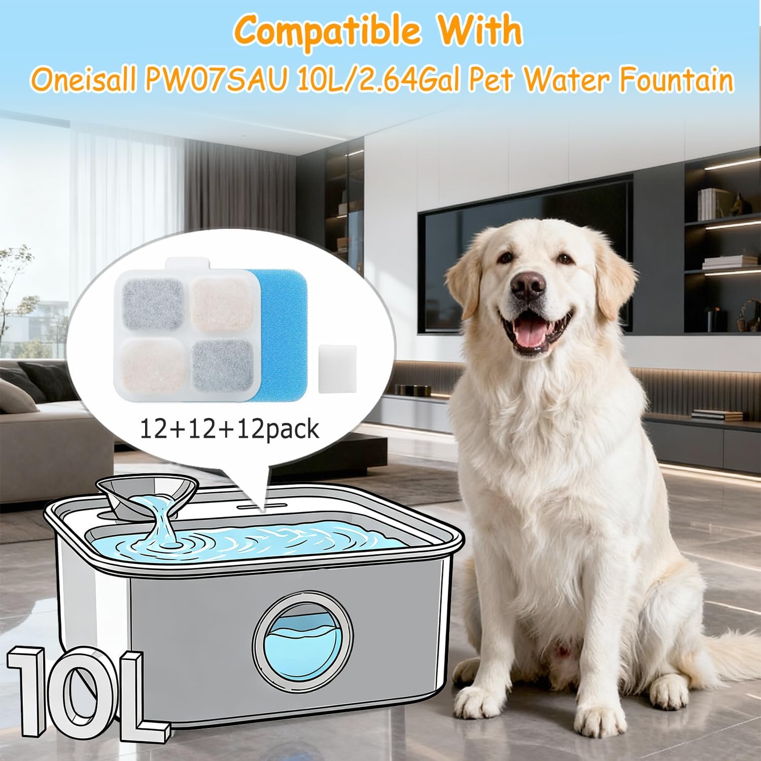 12 Set Replacement Filters for Oneisall PW07SAU 10L/2.64Gal Stainless Steel Dog Water Fountain, Includes 12 Filters & 12 Pre-Filters & 12 Pump Sponges image 3