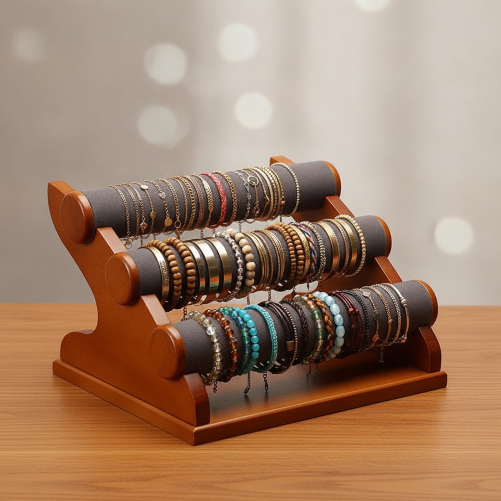 Soporte para Pulseras Organizador Expositor Joyas Brazaletes Relojes con Base de Madera y Varillas Acolchadas Antirrayas Diseño Modular con Extremos, 28.5 X 18 X 16.5 Cm, style to 2
