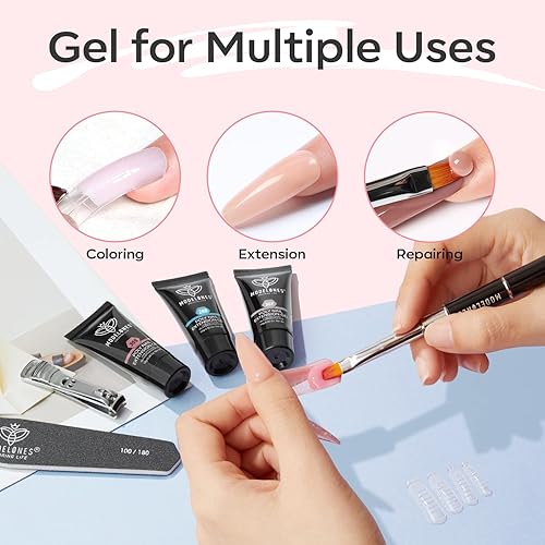 Miniatura 31 de modelones Kit de gel de extensión de poliéster para uñas, 12 colores rosa con purpurina nude, juego de gel de uñas de poli para manicura francesa