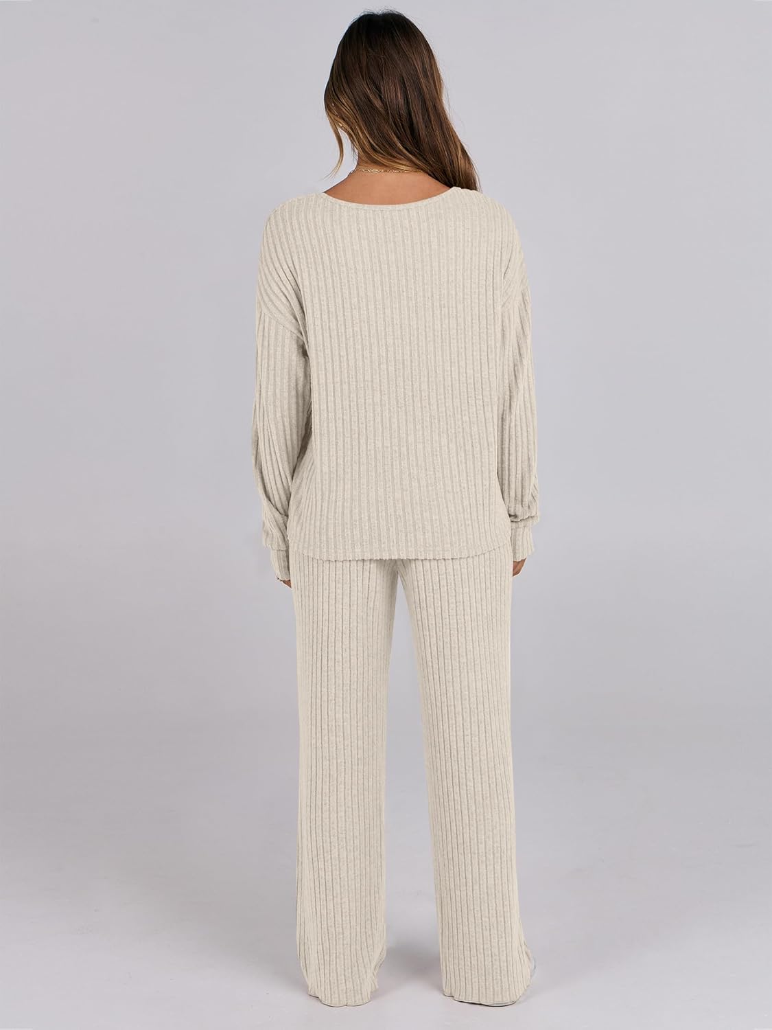 ANRABESS Women 2 Piece Lounge Pajamas Sets Casual Ribbed Knit Long Sleeve Top Pants Matching Set 2025 Fall Outfits Clothes - Image 3