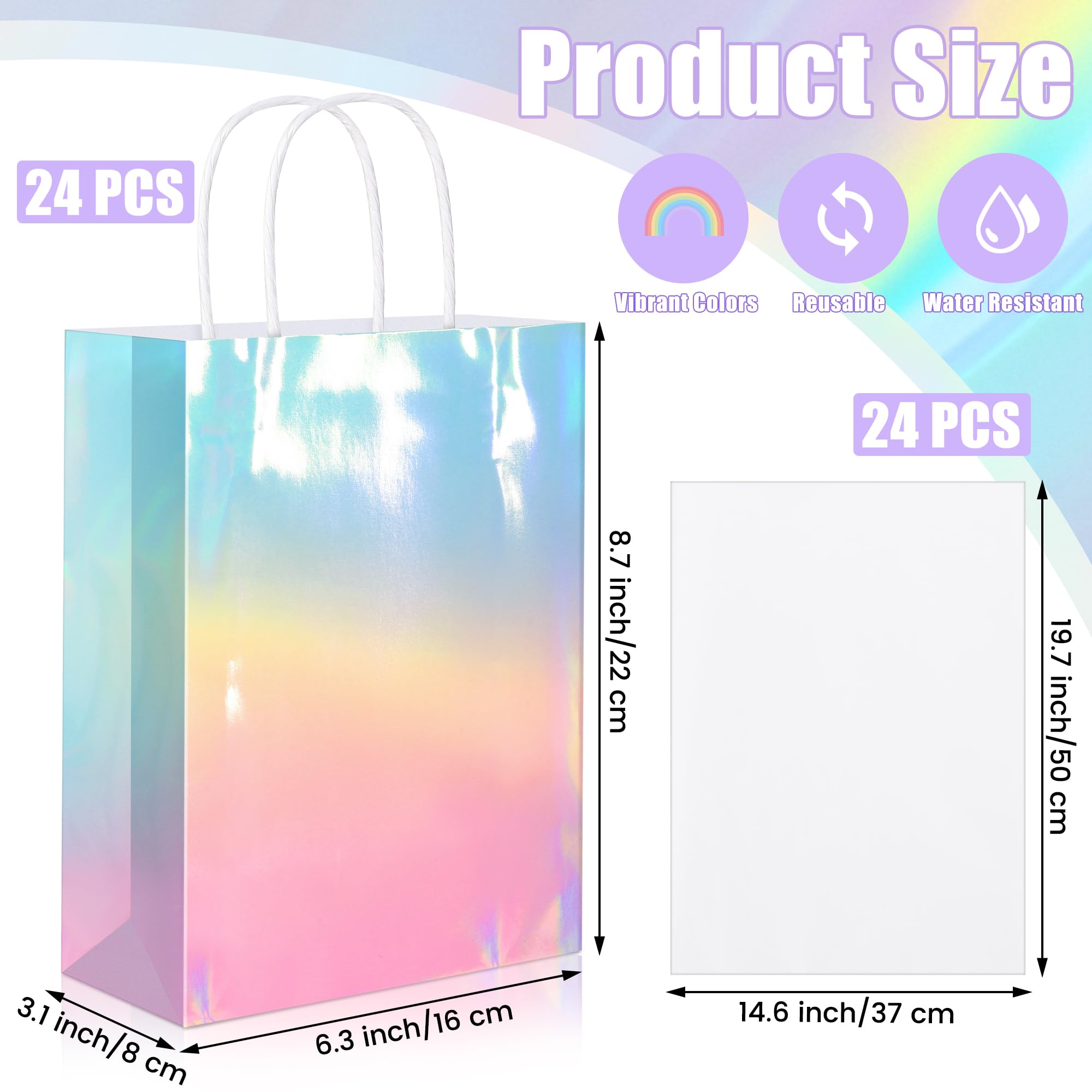 MIMIND 24 Pack Iridescent Paper Gift Bags with Handles Holographic Party Favor Bags with Tissue Paper 8.7 x 6.3 x 3.1 Inch Glitter Gradient Pink and Blue Goodie Candy Bag for Wedding Birthday Parties