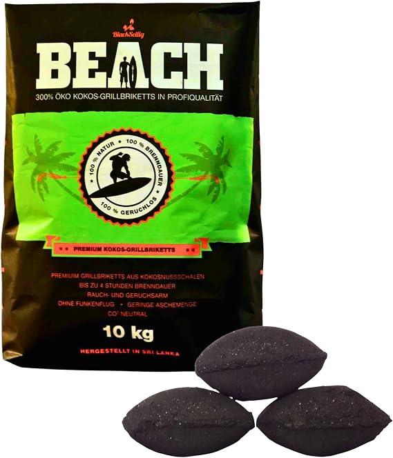Beach Premium Coconut Grill Briquettes - Coconut Charcoal for Dutch Oven BBQ & Smoker - High Quality Charcoal & Charcoal Briquettes - Long Burning Time & High Heat (10 kg)