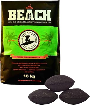 Beach Premium Coconut Grill Briquettes - Coconut Charcoal for Dutch Oven BBQ & Smoker - High Quality Charcoal & Charcoal Briquettes - Long Burning Time & High Heat (10 kg)