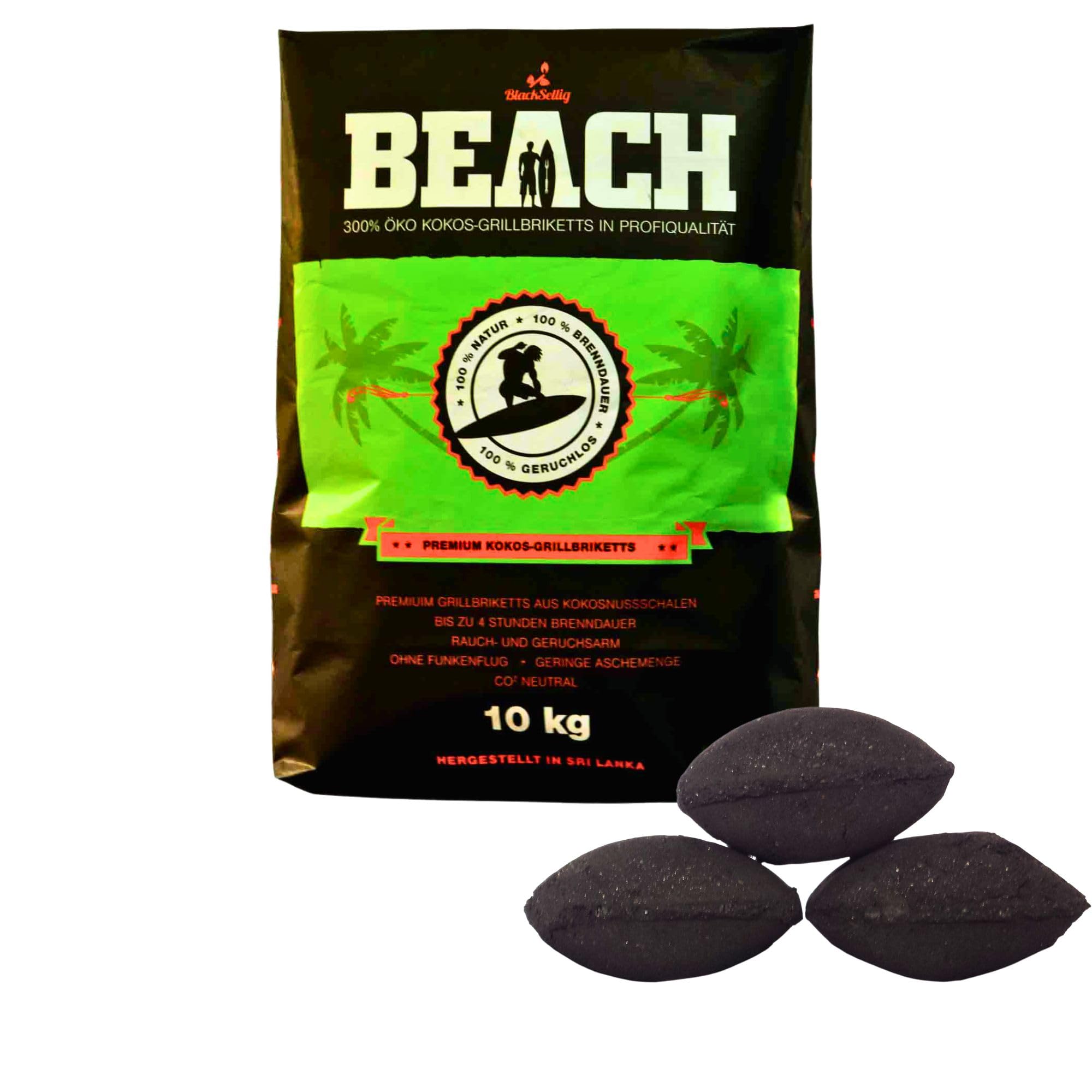 BlackSellig Beach Premium Coconut Grill Briquettes - Coconut Charcoal for Dutch Oven, BBQ & Smoker - High Quality Charcoal & Charcoal Briquettes - Long Burning Time & High Heat (10 kg)