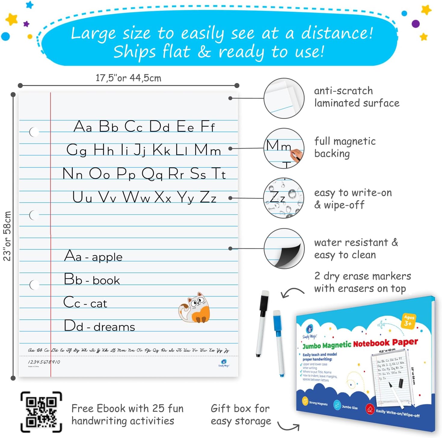 Simply magic Giant Magnetic Notebook Paper for Classroom – 23x18, Jumbo Magnetic Lined Paper for Whiteboard, Dry Erase Notebook Paper Poster, Erasable Handwriting Paper, Writing Classroom Must Have