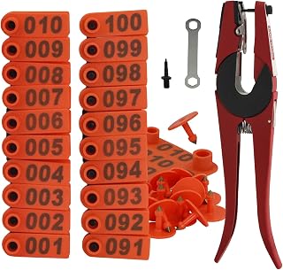 Goat Ear Tags Livestock Ear Tag Pliers Tool, 001-100 Number Plastic Sheep Ear Tag, with Livestock Animal Ear Tagging Pliers for Sheep Pig Dog Deer Farm Horse Cow Cattle (Orange)