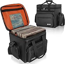 BQKOZFIN Record Case for LPs, 7/10/12-Inch Record Bag, Record Storage Case, Large Capacity, Divider Board Included, Black, black orange, Modern